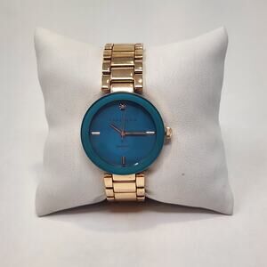 Anne Klein Diamond Gold Tone Bracelet Watch Teal Round Face New Battery Works